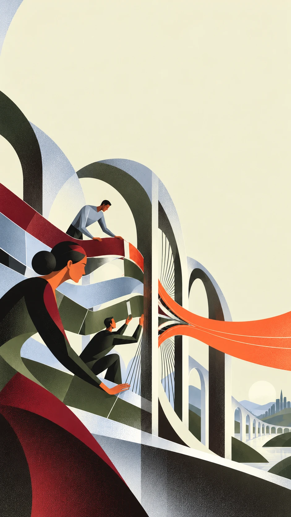 Figures weave ribbons of red, olive and steel through a cathedral of arches, releasing an orange current toward a distant city.